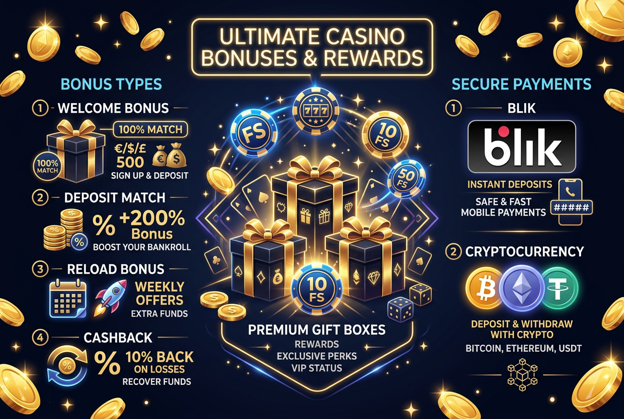 Ilustracja bonusów kasynowych i nowoczesnych metod płatności