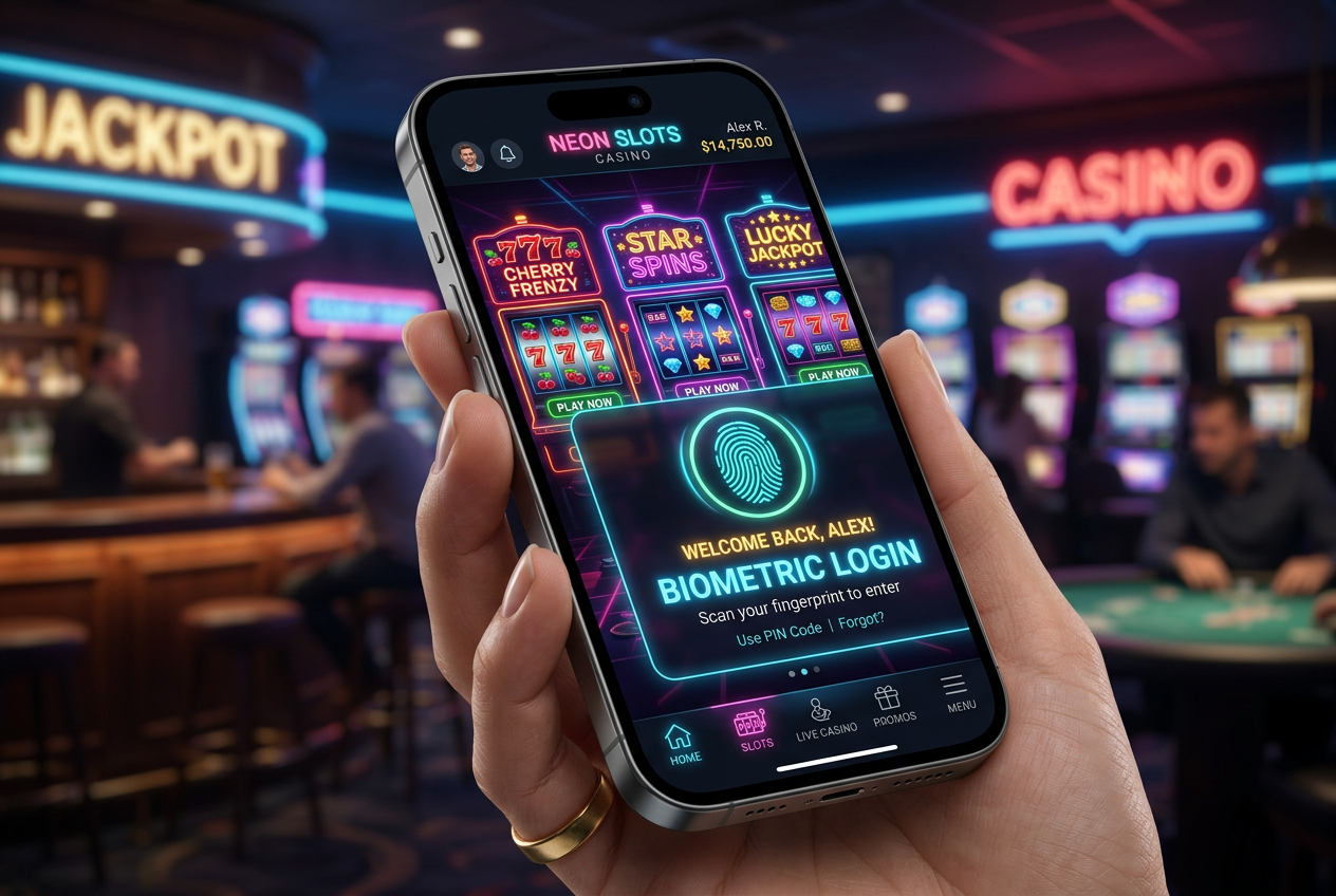 Nowoczesny interfejs aplikacji kasynowej na smartfonie z zabezpieczeniami biometrycznymi