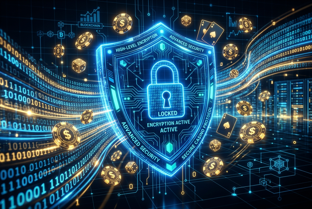 Cyfrowa tarcza bezpieczeństwa z ikonami kłódek i żetonów kasynowych