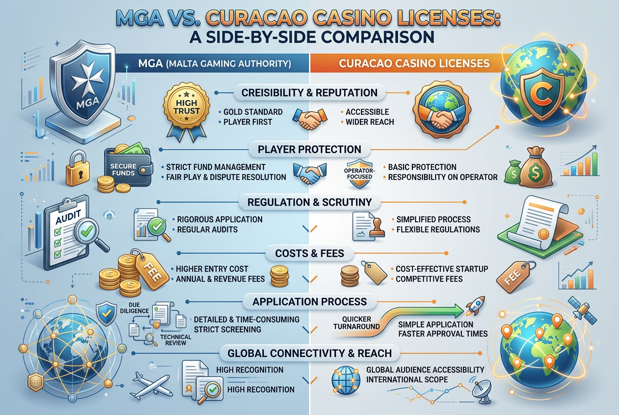 Infografika przedstawiająca różnice w licencjonowaniu kasyn online MGA vs Curacao