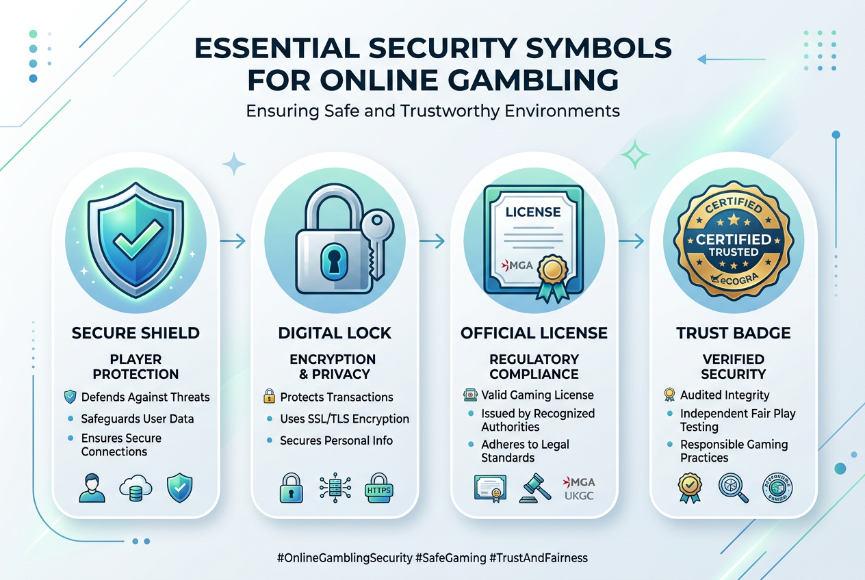 Infographic illustrating security symbols like shield, lock and license badge for online gambling safety