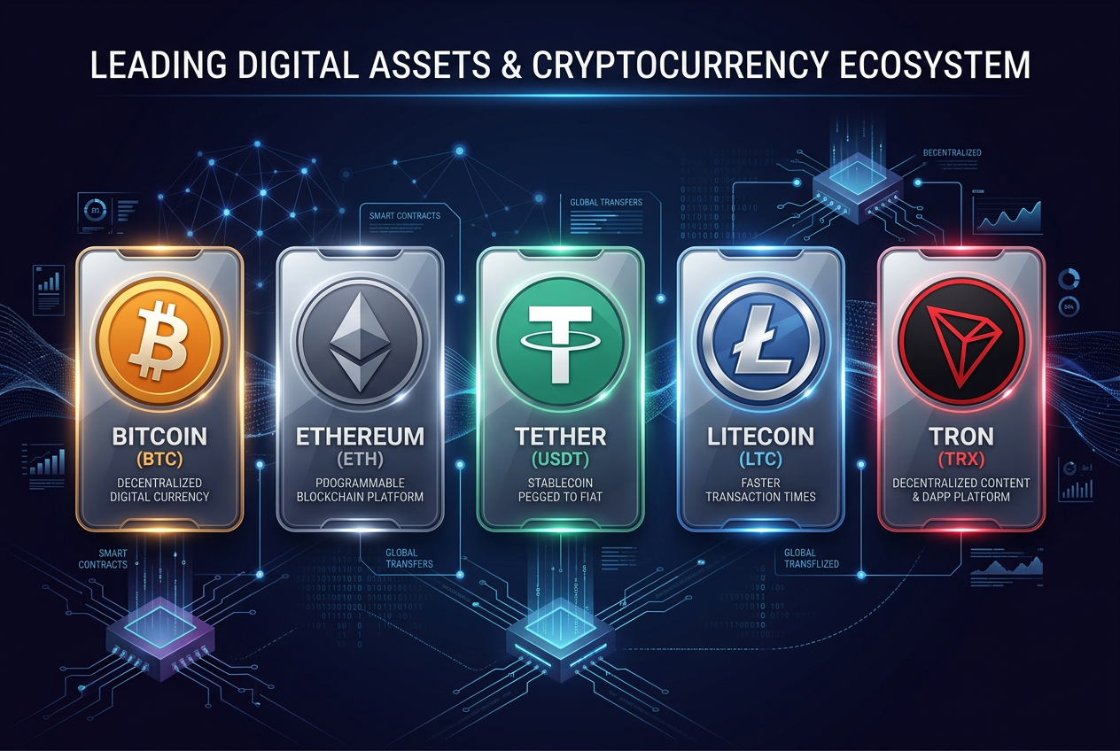 Porównanie logotypów kryptowalut Bitcoin Ethereum Tether Litecoin na nowoczesnym tle blockchain