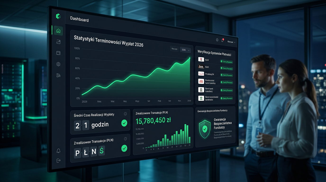 Profesjonalny wykres statystyk wypłat w kasynie internetowym z symbolami PLN i zielonymi wskaźnikami sukcesu.