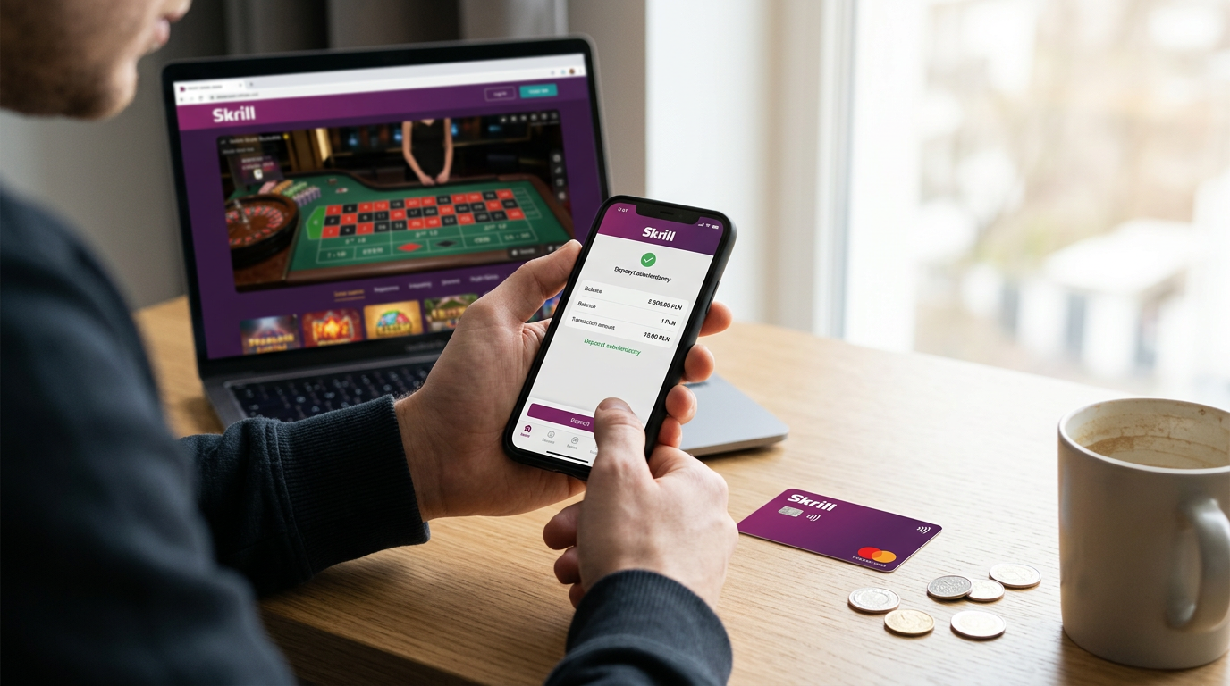 Smartfon z aplikacją portfela Skrill obok żetonów do gry w kasynie na nowoczesnym biurku
