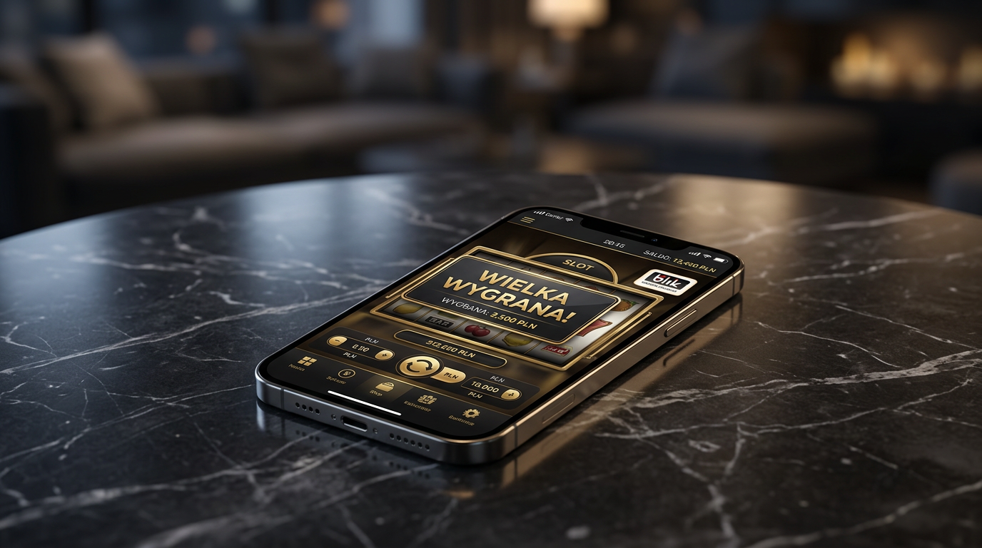 Smartfon z otwartą aplikacją kasyna online na eleganckim tle