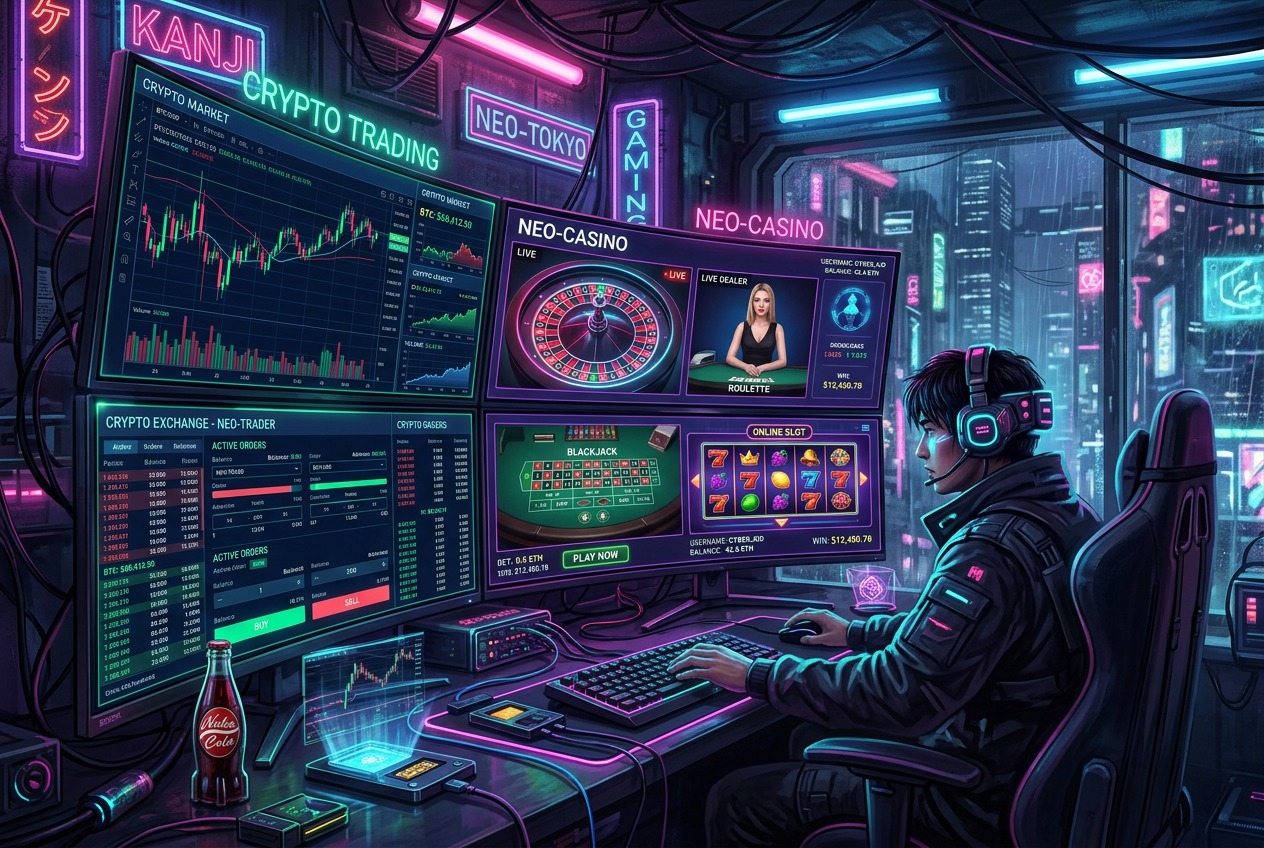 Cyberpunkowa wizja nowoczesnego gracza krypto z neonowymi interfejsami gier i giełd kryptowalut