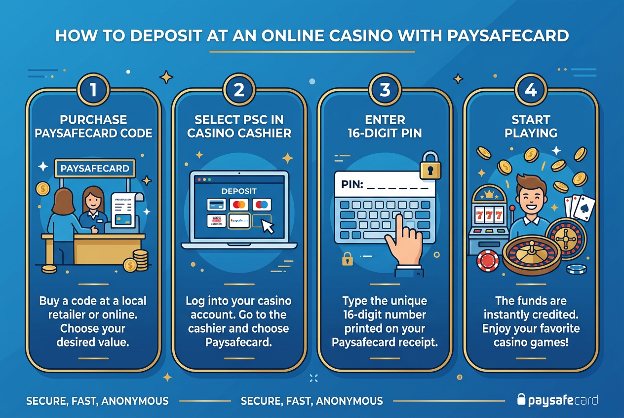 Infografika pokazująca kroki doładowania konta w kasynie za pomocą Paysafecard