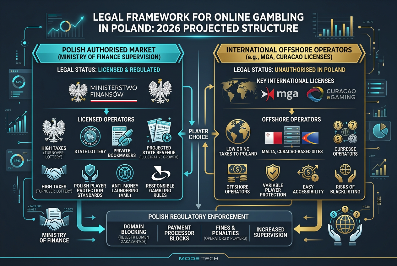 Infografika przedstawiająca status prawny kasyn online w Polsce 2026 oraz różnice między licencją Ministerstwa Finansów a MGA i Curacao