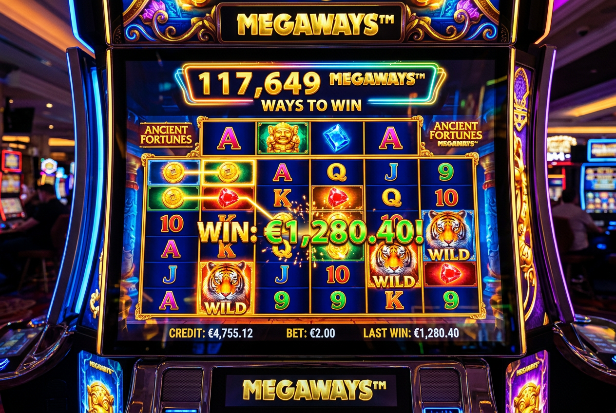 Zbliżenie na bębny automatu typu Megaways z dynamicznym układem symboli