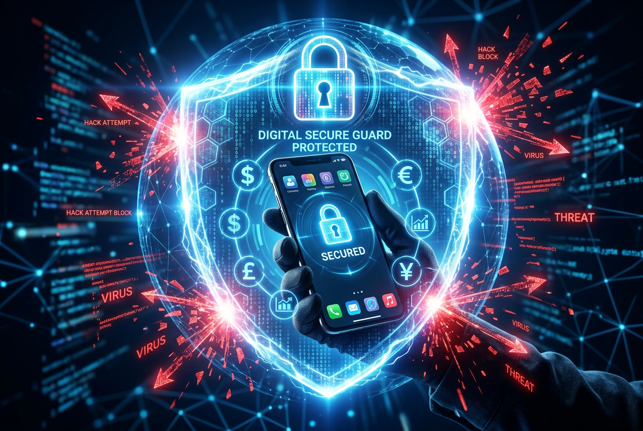 Ilustracja bezpieczeństwa mobilnego z cyfrową tarczą i kłódką