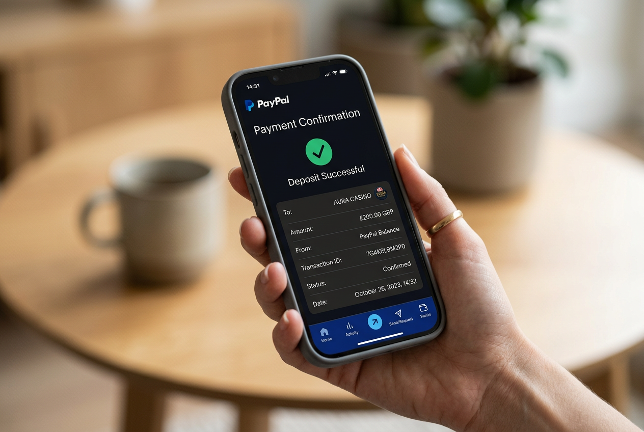Smartfon z aplikacją PayPal potwierdzający szybką wpłatę do kasyna online