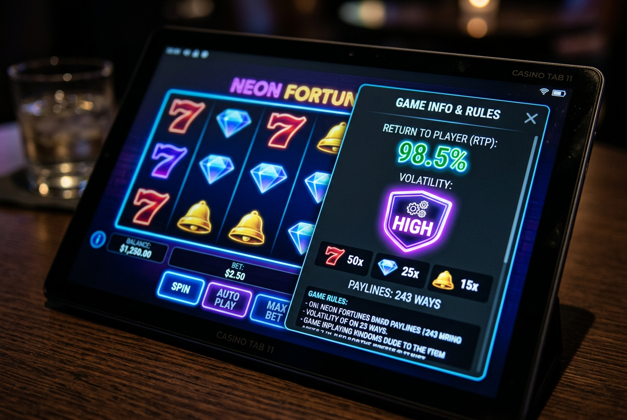Panel informacyjny slotu online pokazujący wysoki wskaźnik RTP i parametry zmienności