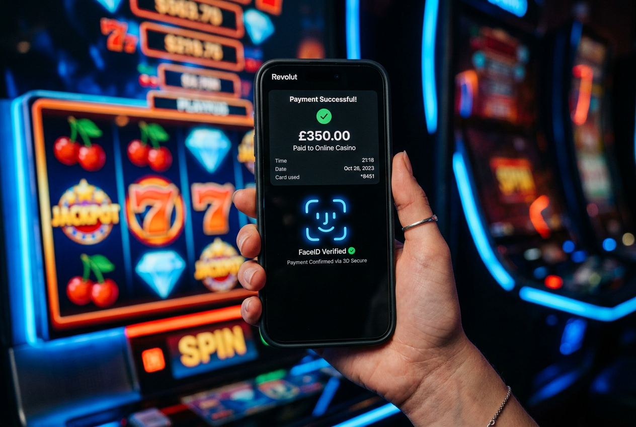 Osoba korzystająca z aplikacji Revolut do zatwierdzania płatności w kasynie online