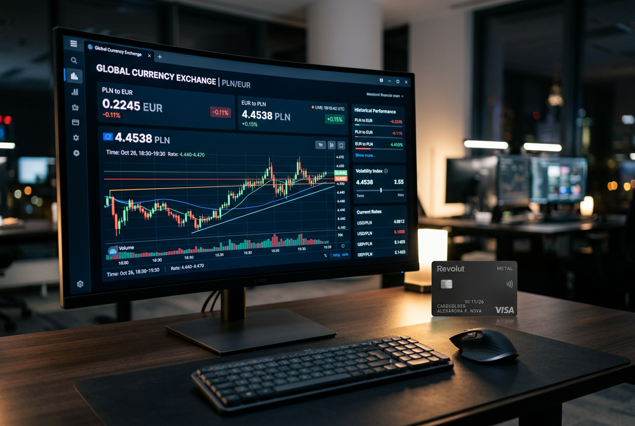 Porównanie planów Revolut i kursów walut na cyfrowym dashboardzie