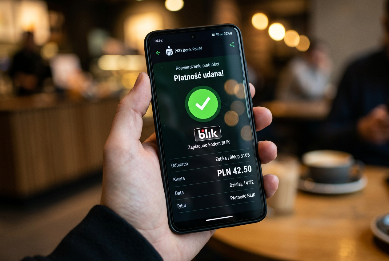 Smartfon wyświetlający potwierdzenie bezpiecznej transakcji bankowej BLIK
