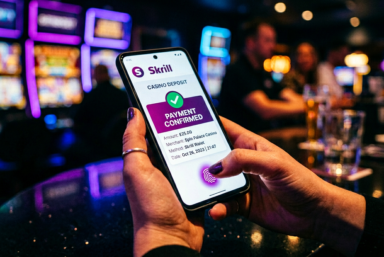 Zbliżenie na luksusowy smartfon wyświetlający portfel Skrill obok żetonów kasynowych na ciemnym tle