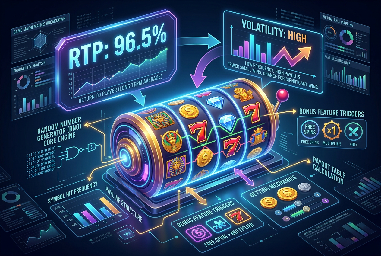 Infografika 3D przedstawiająca parametry matematyczne automatów online RTP i zmienność